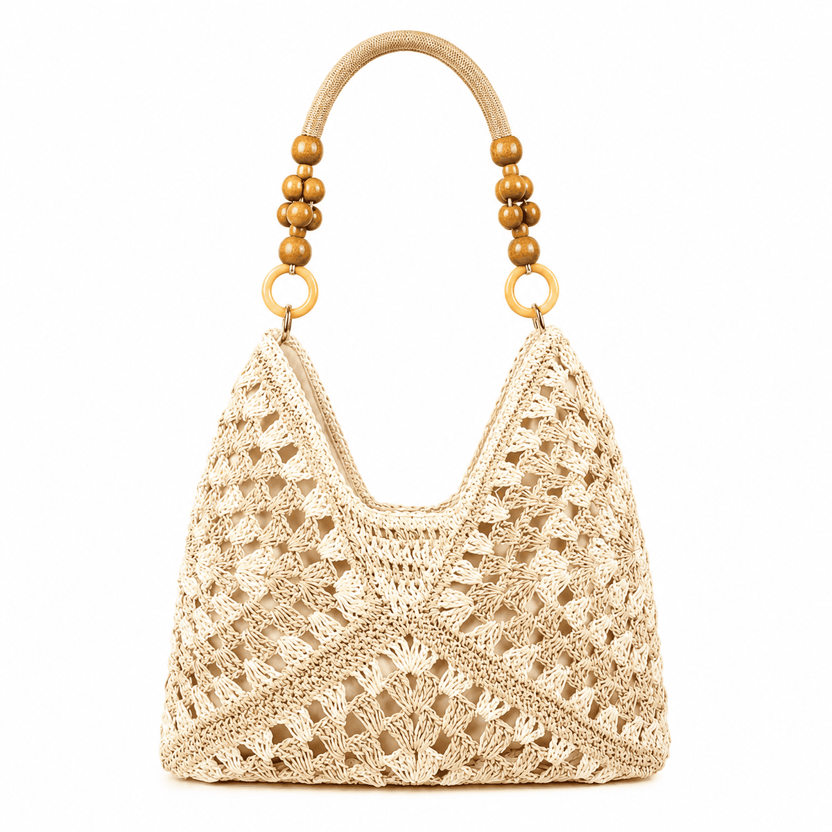 Granny Square Crochet Bag with Wooden Bead Handle - Beige