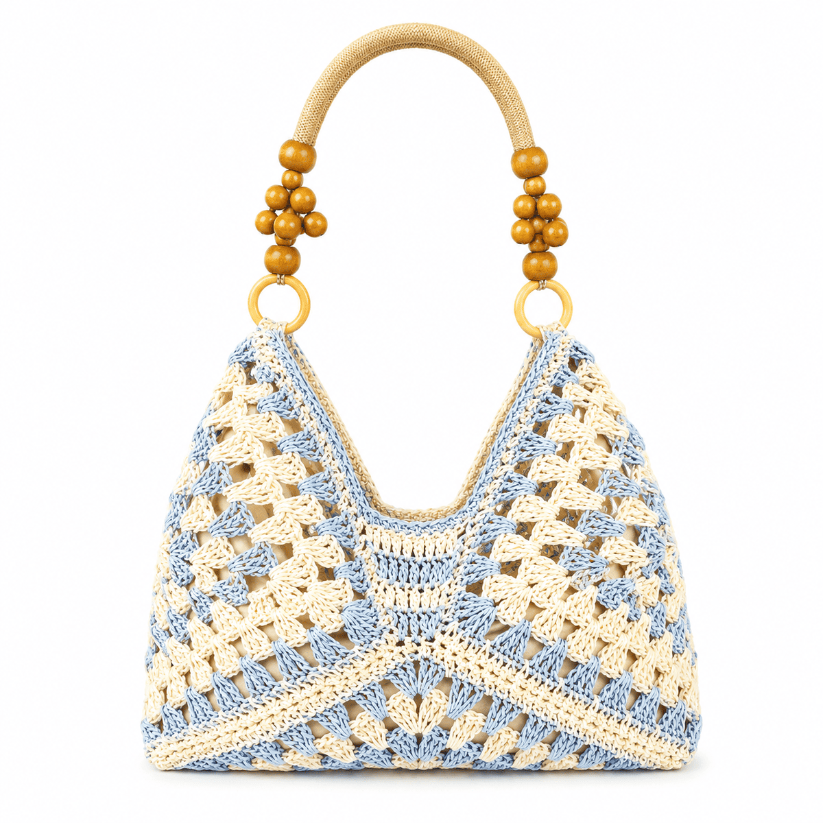 Granny Square Crochet Bag with Wooden Bead Handle - Blue