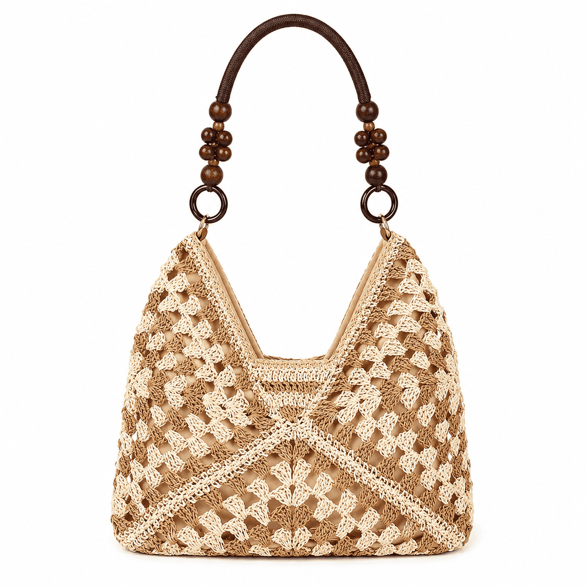 Granny Square Crochet Bag with Wooden Bead Handle - Brown