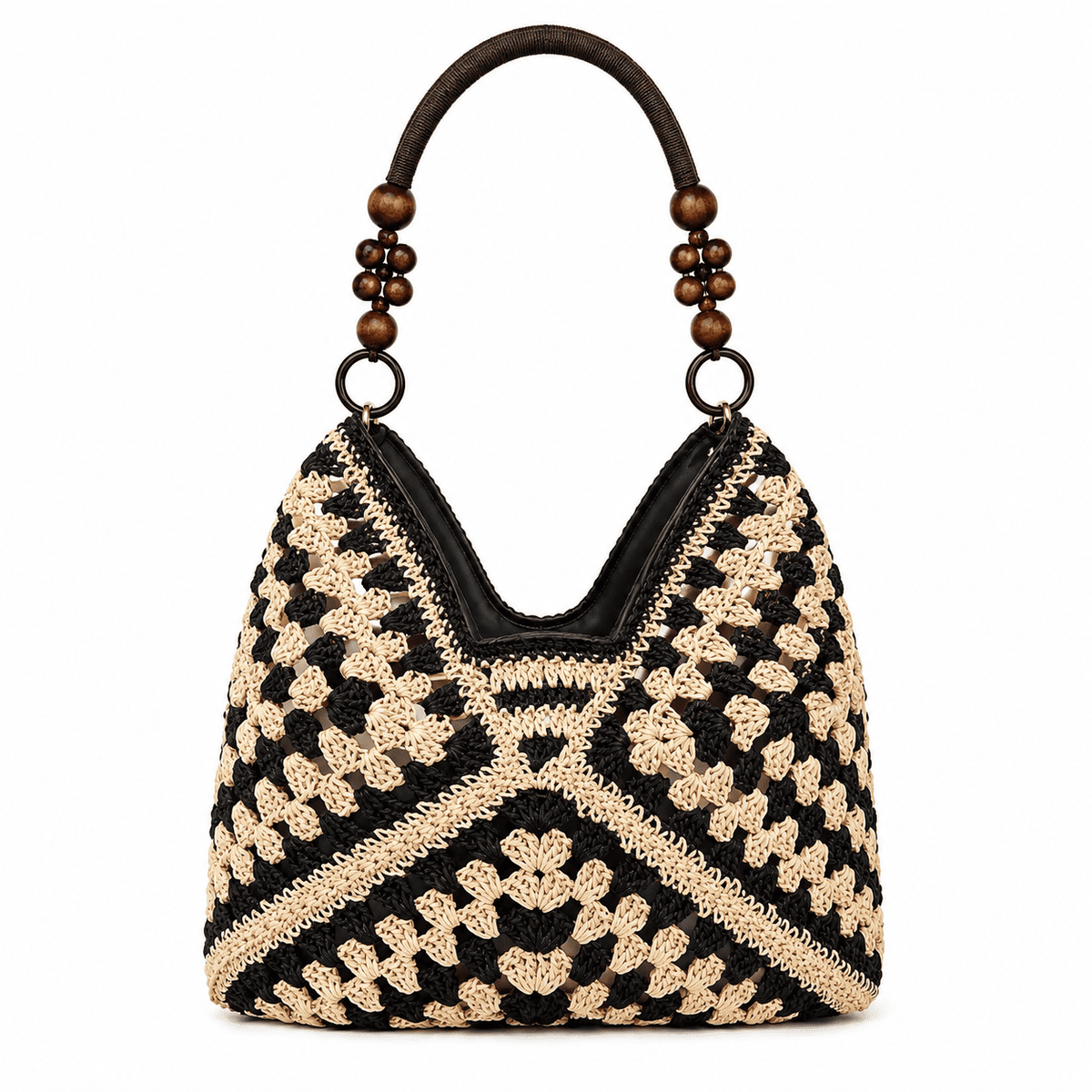 Granny Square Crochet Bag with Wooden Bead Handle - Black